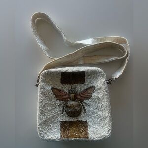 Moyna Cream and Gold Beaded Bee Crossbody Bag